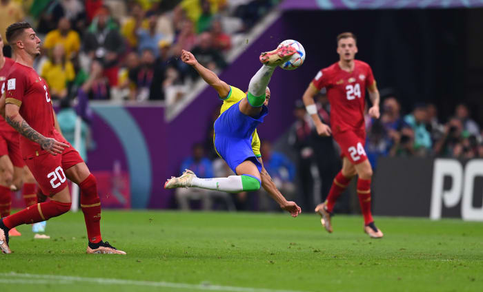 Richarlison pictured scoring for Brazil against Serbia with a spectacular acrobatic volley at the 2022 FIFA World Cup